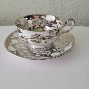 Vintage Royal Chelsea England Bone China TeaCup/ Saucer  Chrome Silver Platinum